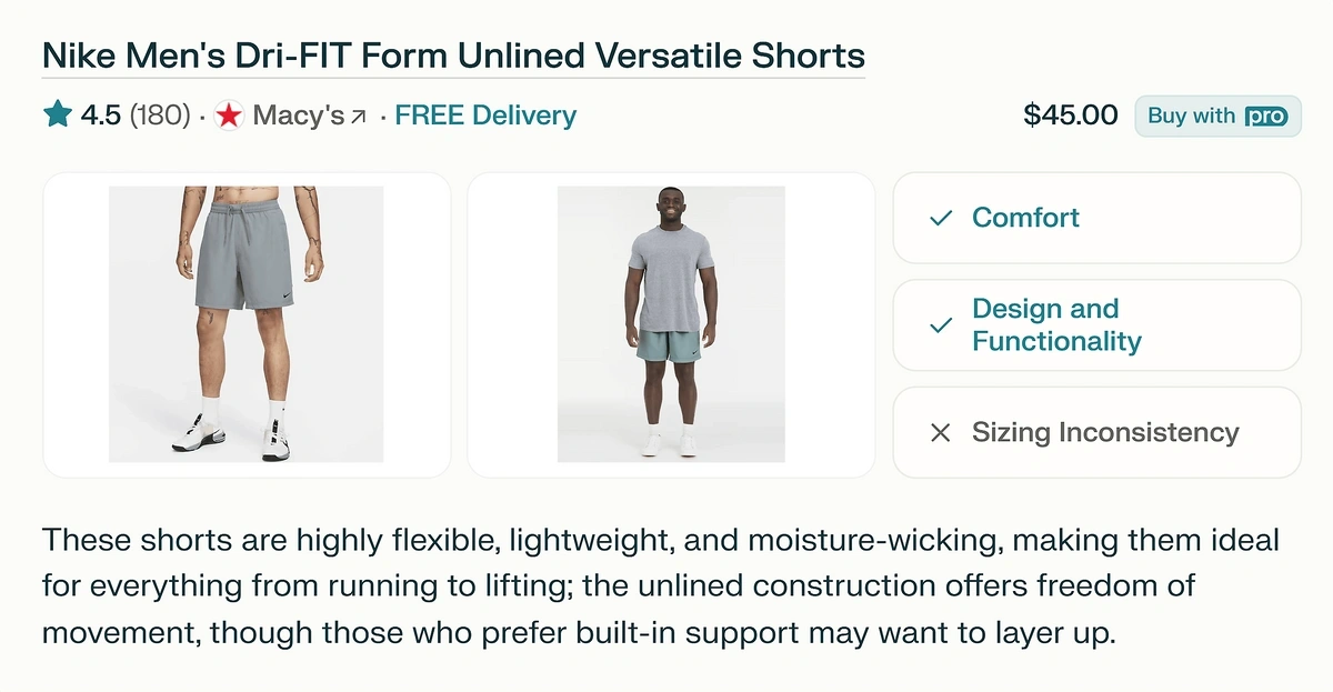 Example of a response to a shopping query in Perplexity Pro