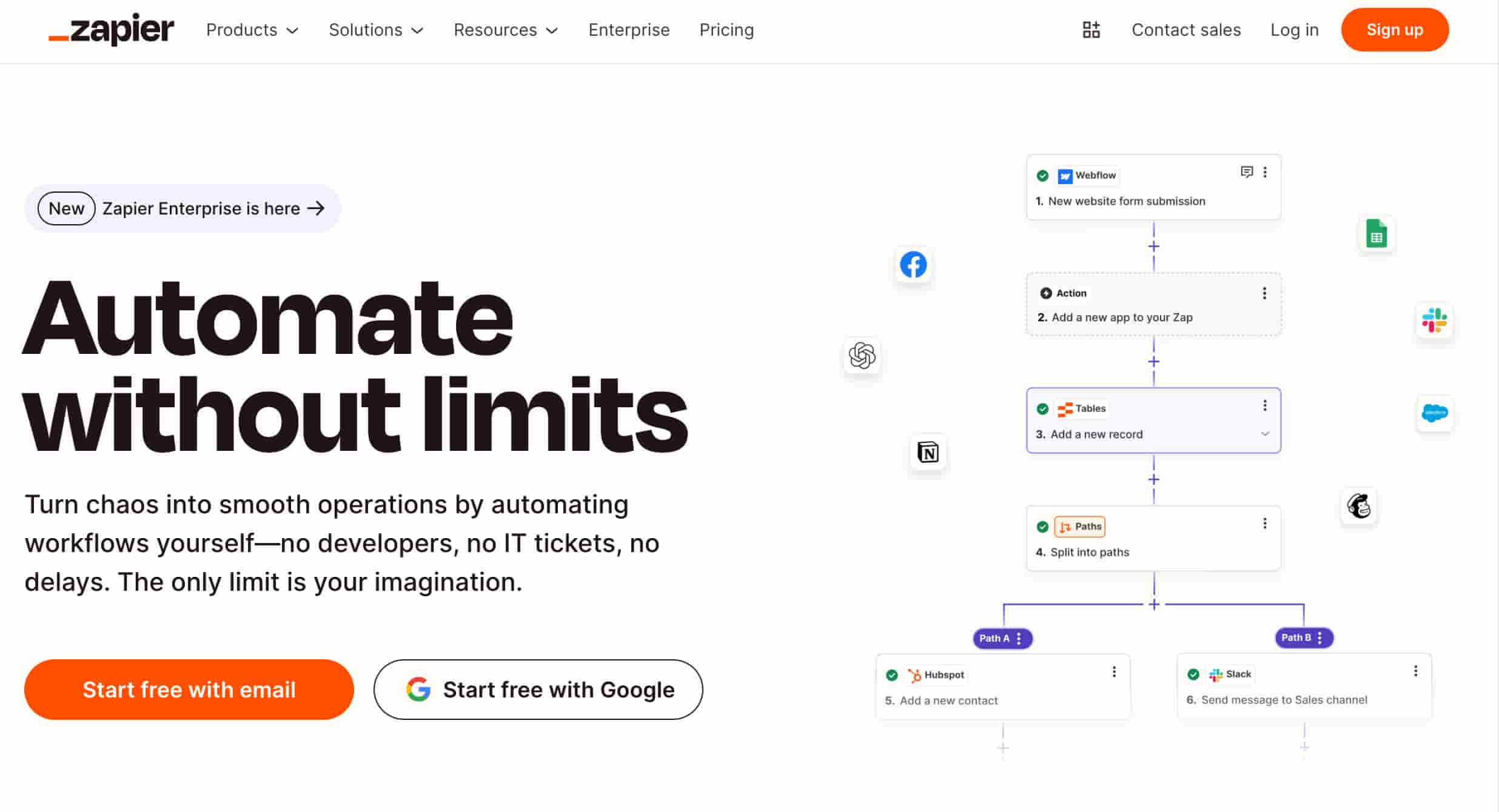 Zapier's homepage showing a product description, sign up buttons and product previews.