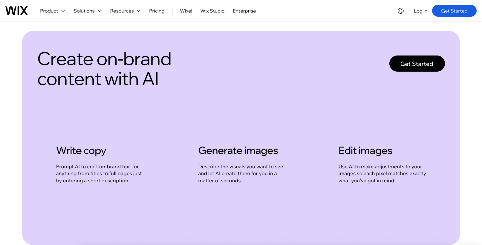 A screenshot of the Wix website a white background with a purple box holding key website builder feature information