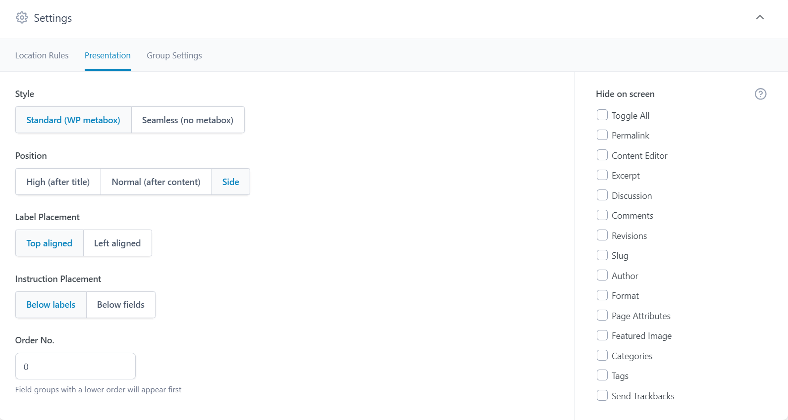 settings - Advanced Custom Fields tutorial.