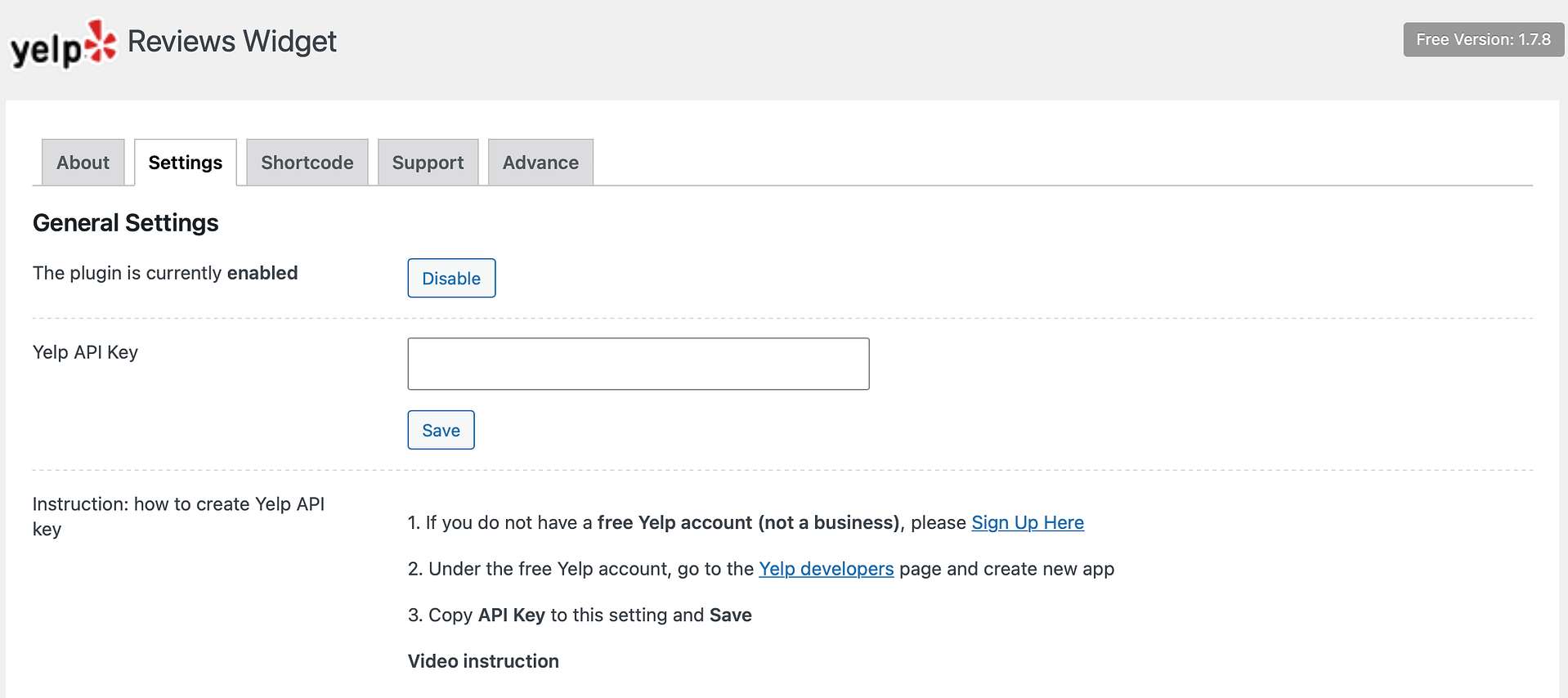 Enter your API Key in your WordPress Yelp plugin settings