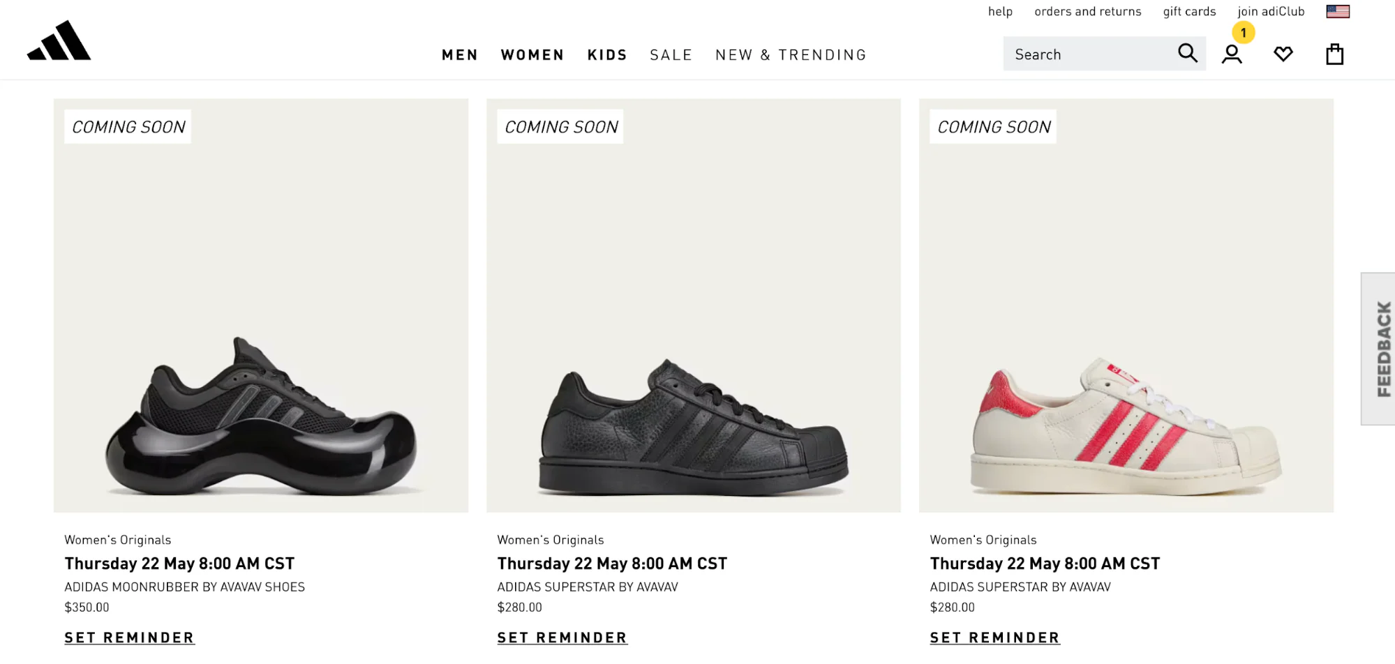 Coming Soon Adidas category page with three sneaker drops and a link to “set reminder” for availability.