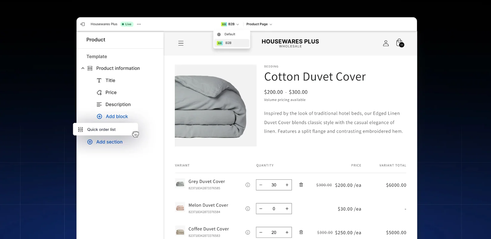 Shopify admin screen showing a user building a custom B2B storefront.