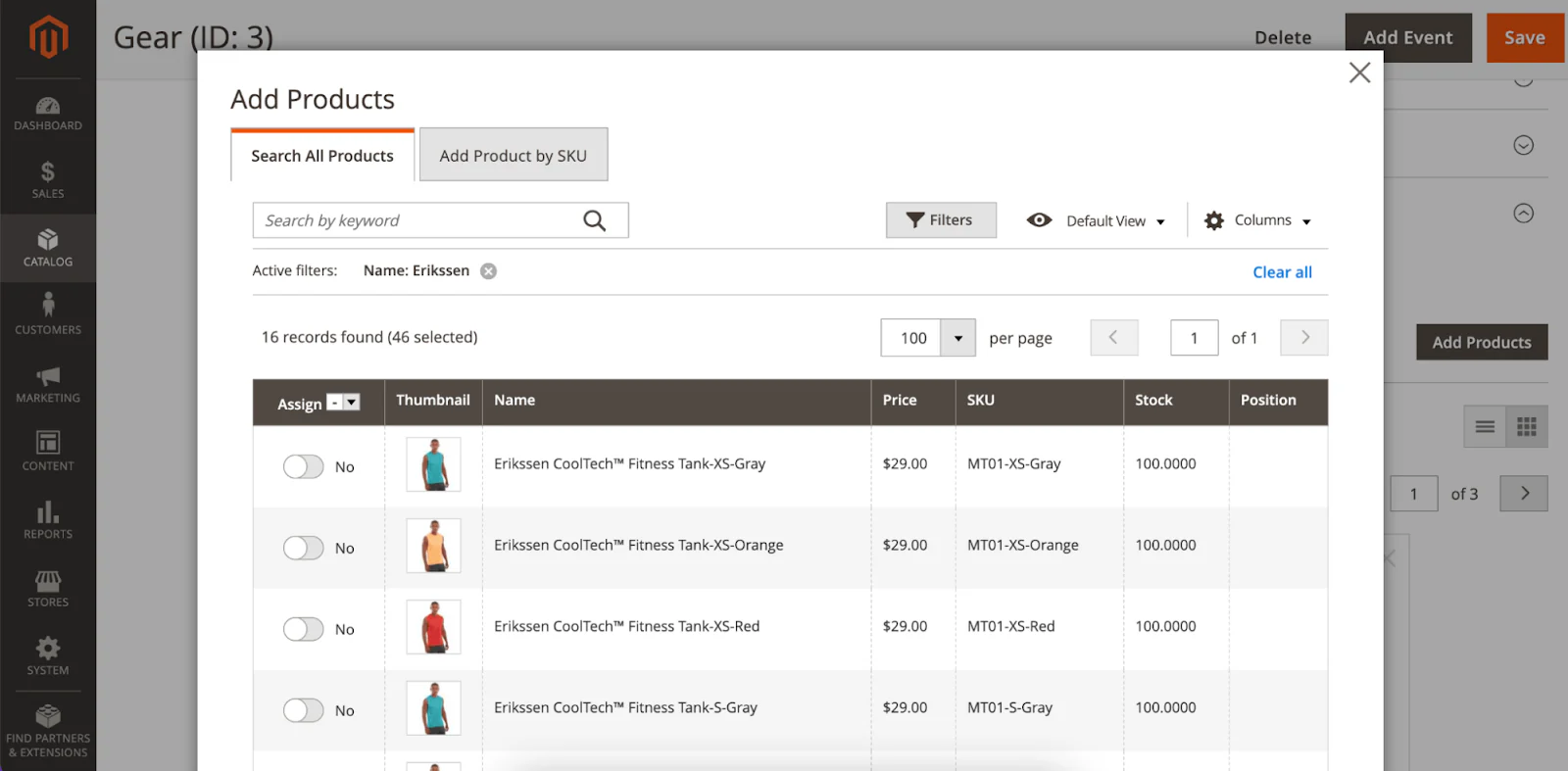 Adobe Commerce product manager displaying fitness tank tops with price, SKU, and stock info.