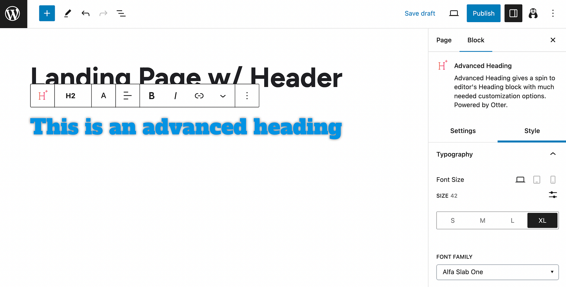 Using the Otter Blocks Advanced Heading block to create an interactive landing page.