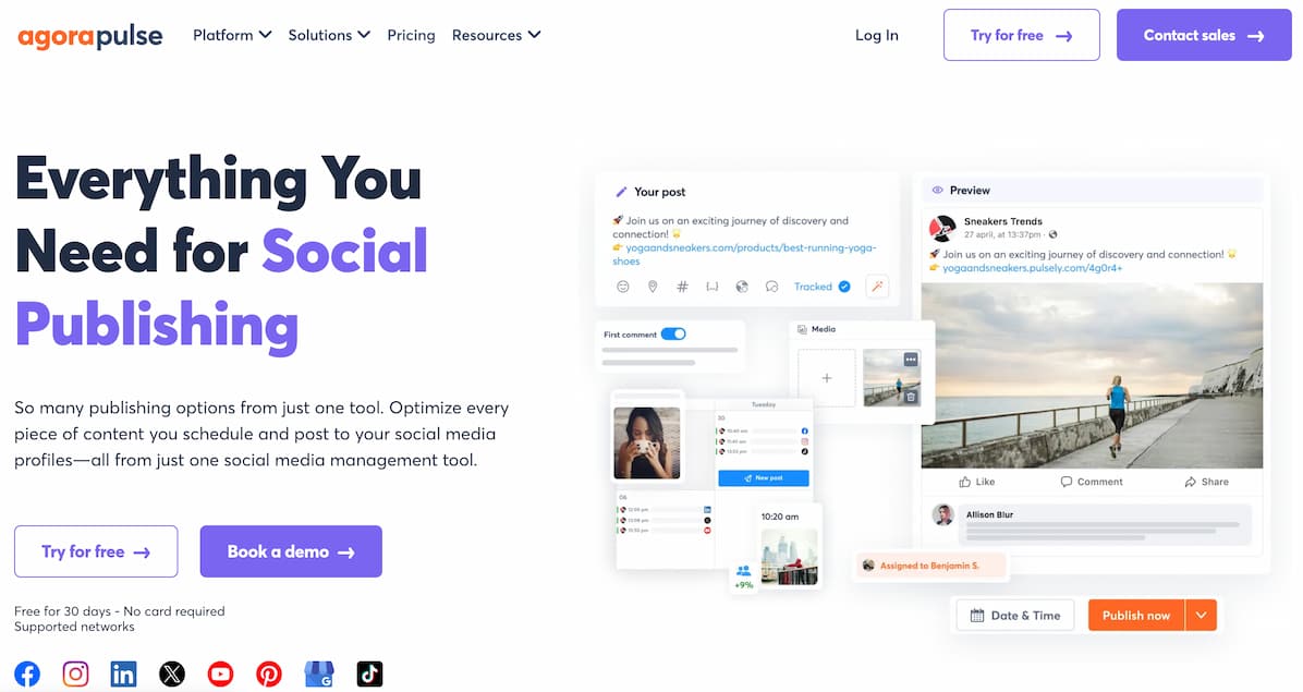 Agorapulse homepage showing a menu, trial and demo buttons, a product description and an interface preview.
