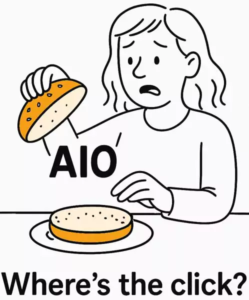 Line drawing of a woman opening a burger bun that's missing a burger and asking "where's the click?"