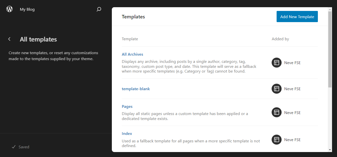 Managing all templates in the Site Editor
