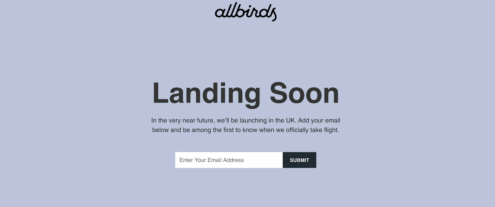 Landing soon page from Allbirds with a pale blue background and an email sign up box.