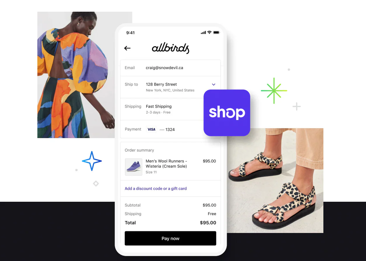 Allbirds Shop Pay checkout with an image of a woman in a bright dress.
