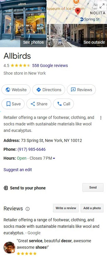 Screenshot of Allbirds Google Business Listing.