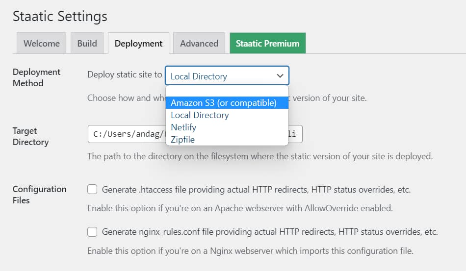Selecting Amazon S3 as the deployment method.