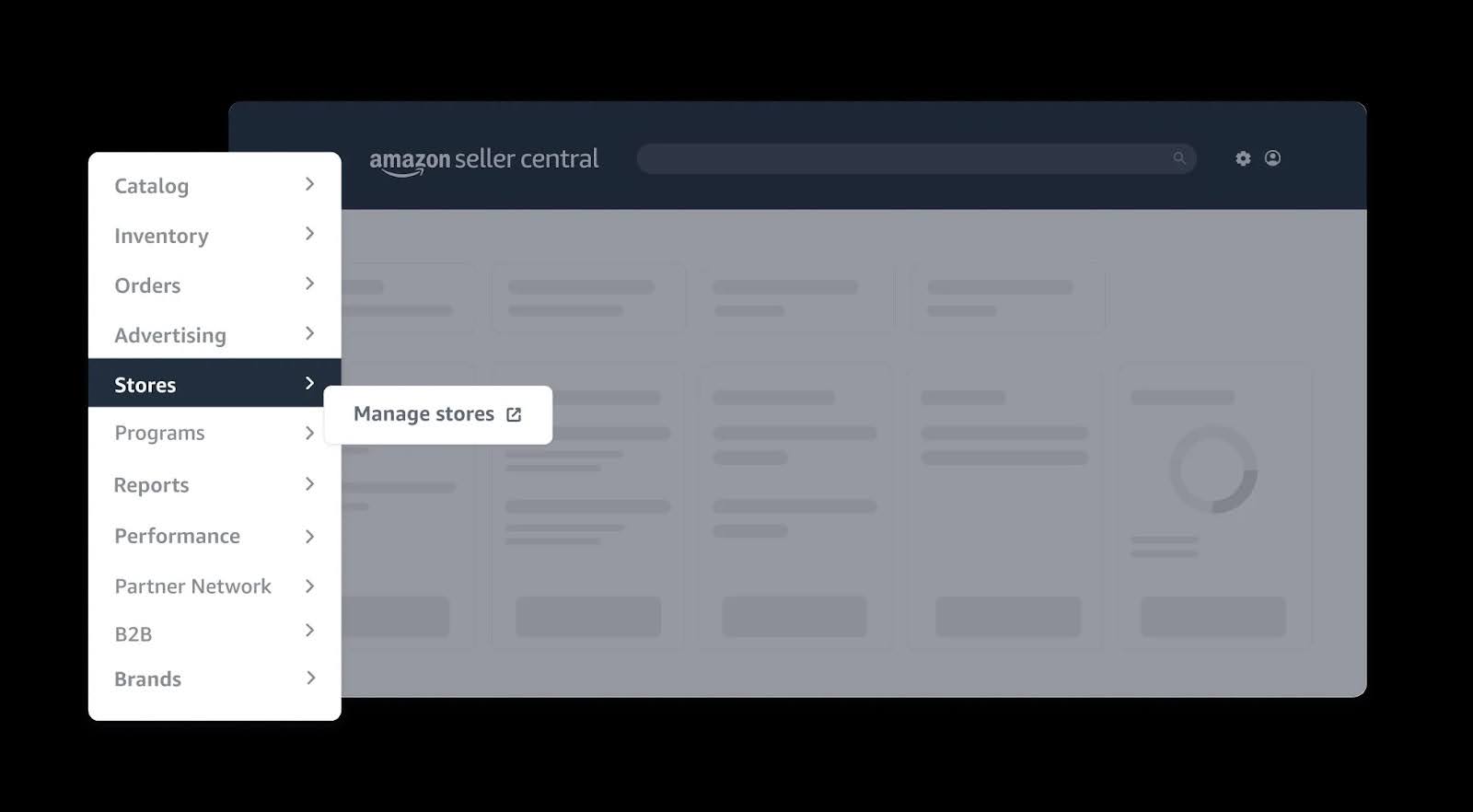 Back end of Amazon seller central, featuring a menu with options like 