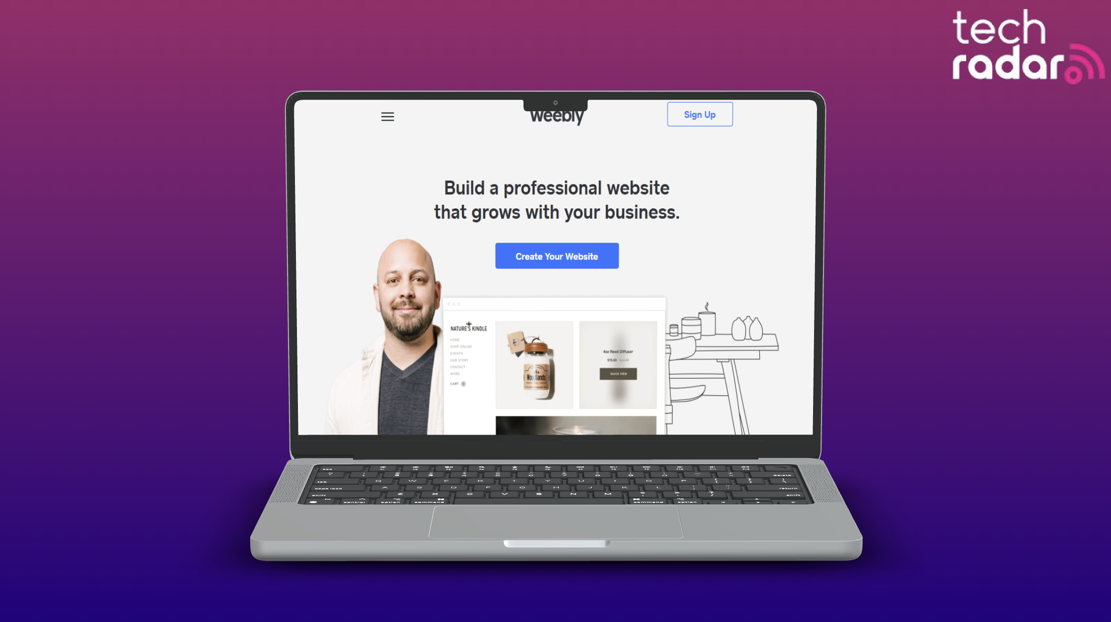 An image of a macbook on a purple background, the Weebly website builder is being used on mac