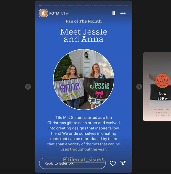 Instagram story of two women holding custom tile mats that say “Anna” and “Jessie.”