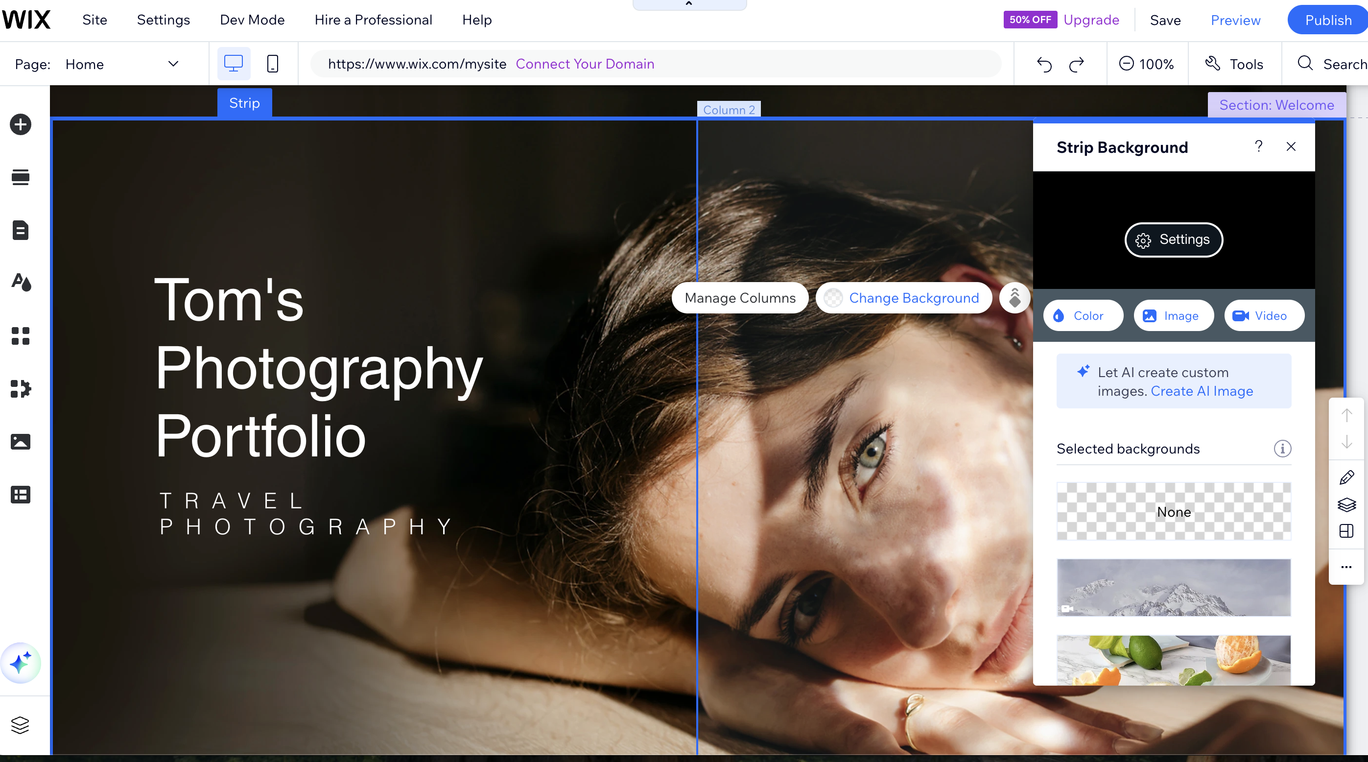 Screengrab showing process of changing background on Wix website