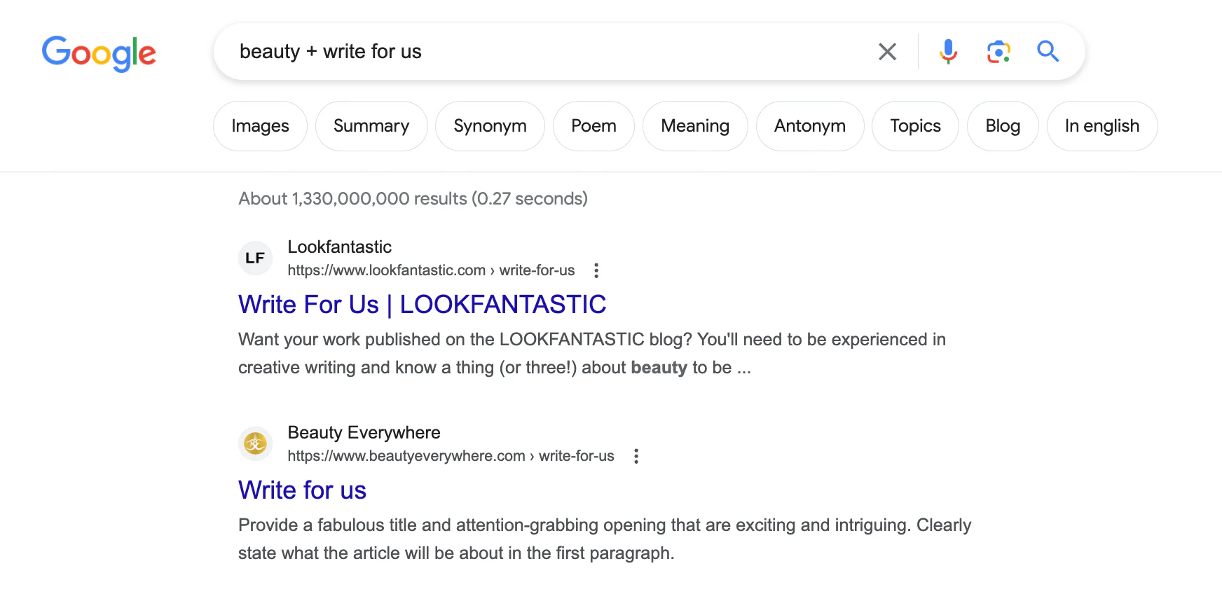 Google search for "beauty + write for us" showing beauty site results.