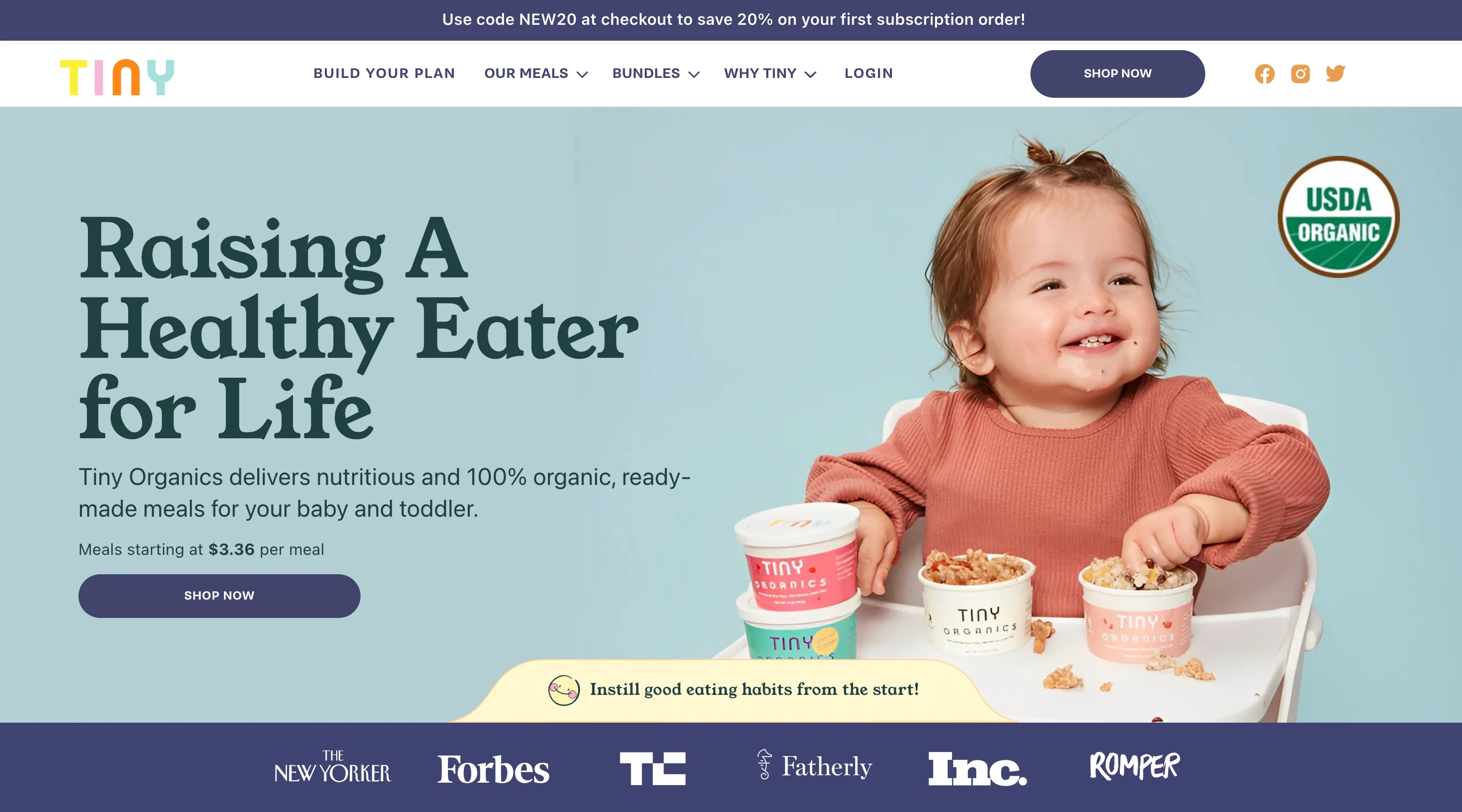 Screen grab of homepage on the Tiny Organics ecommerce website