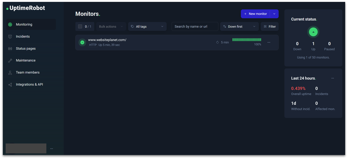 UptimeRobot dashboard