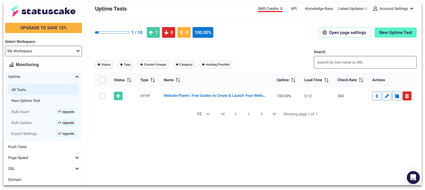 StatusCake dashboard
