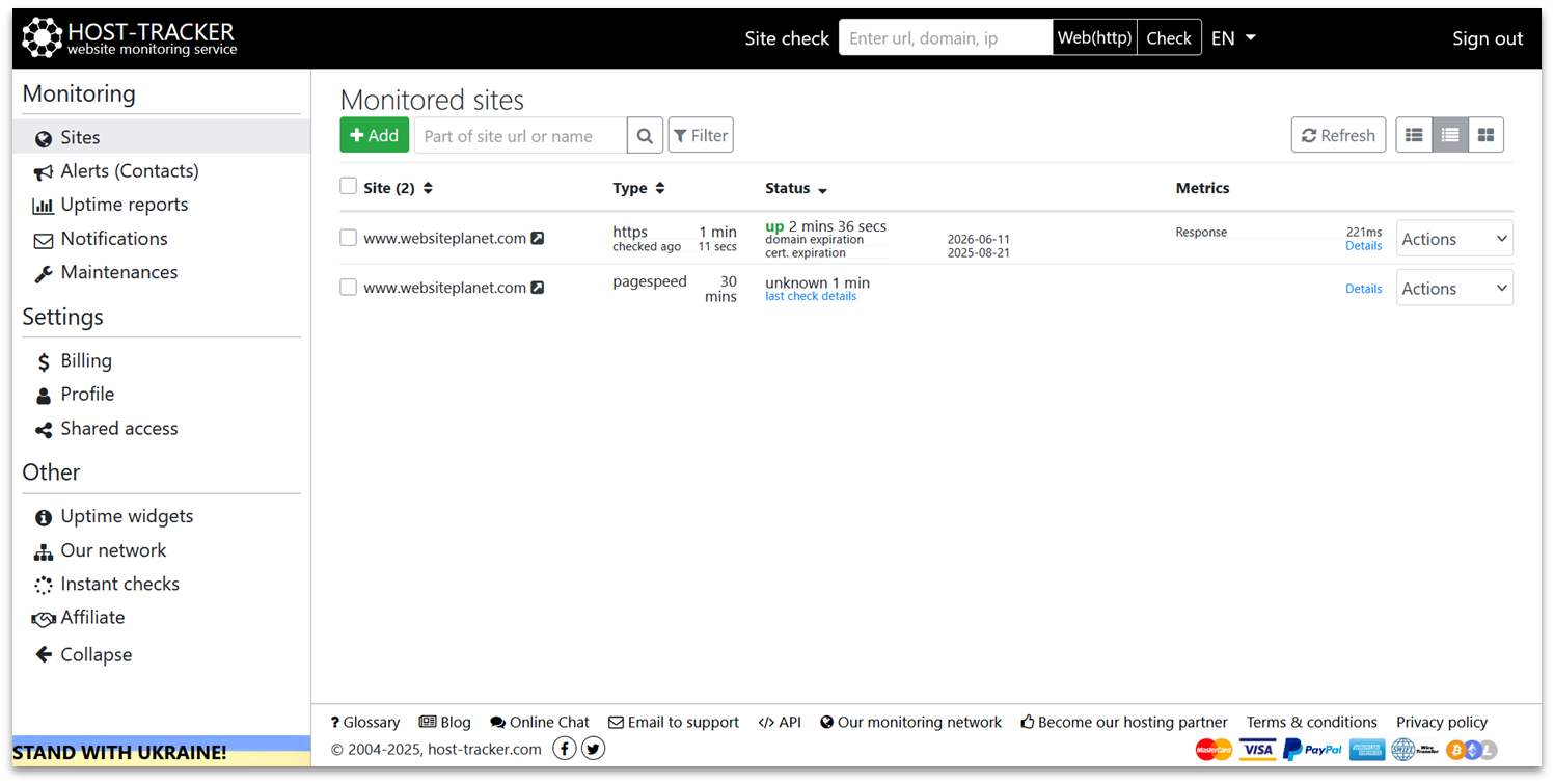 Host Tracker dashboard