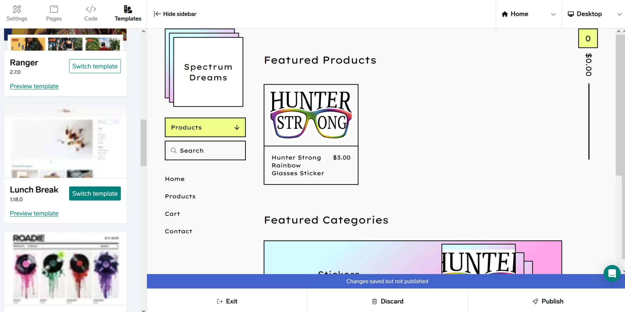 Screenshot of how Big Cartel’s sidebar control menu appears.