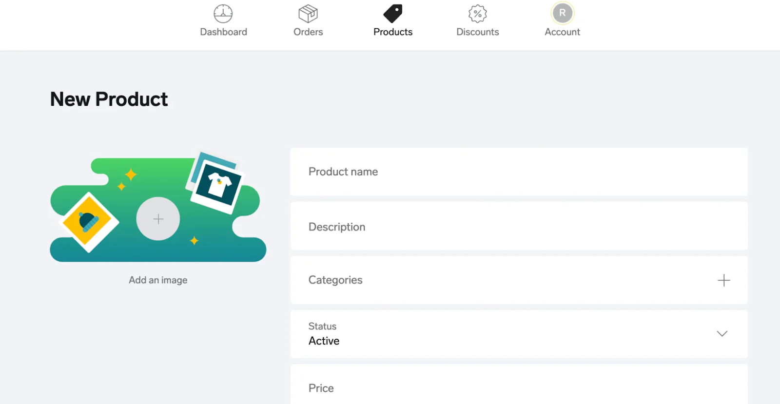 New product creation page with fields for name, description, categories, status, and price.