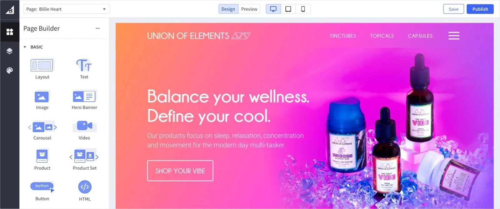 BigCommerce page builder showing a wellness product site with a vibrant design.