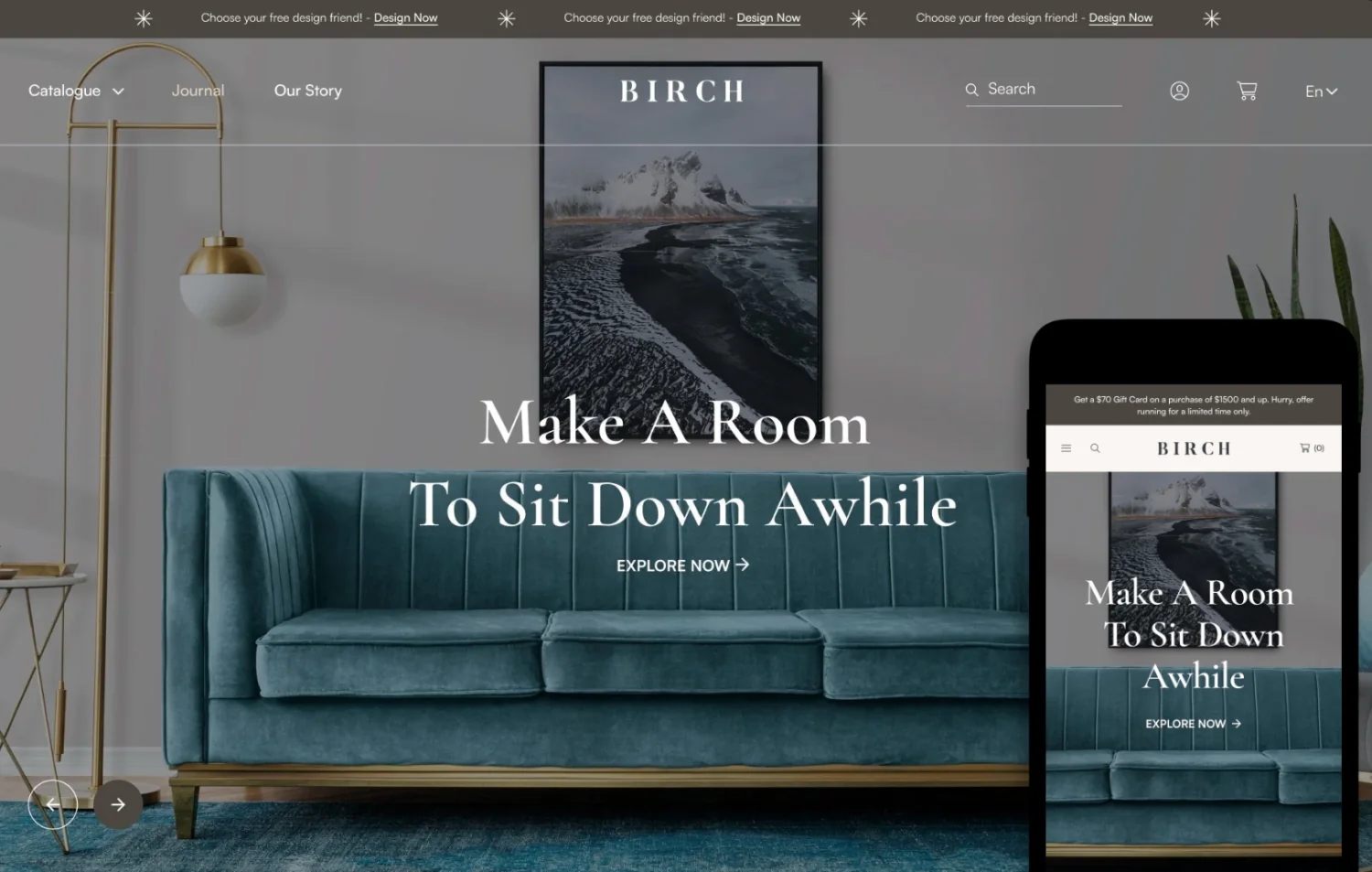 Minimalist BIRCH homepage with a teal couch, framed artwork, and mobile-friendly responsive design.