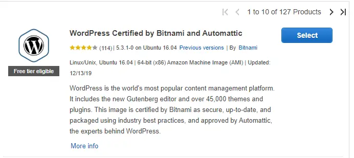 Setting up WordPress from the AWS Marketplace to start the install.