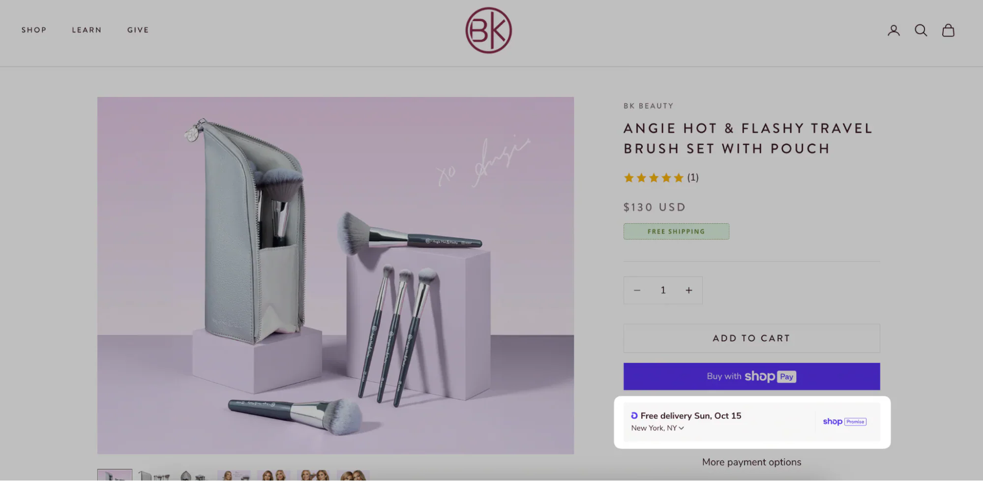 Product page for a makeup brush set that guarantees delivery by Sunday, October 15.