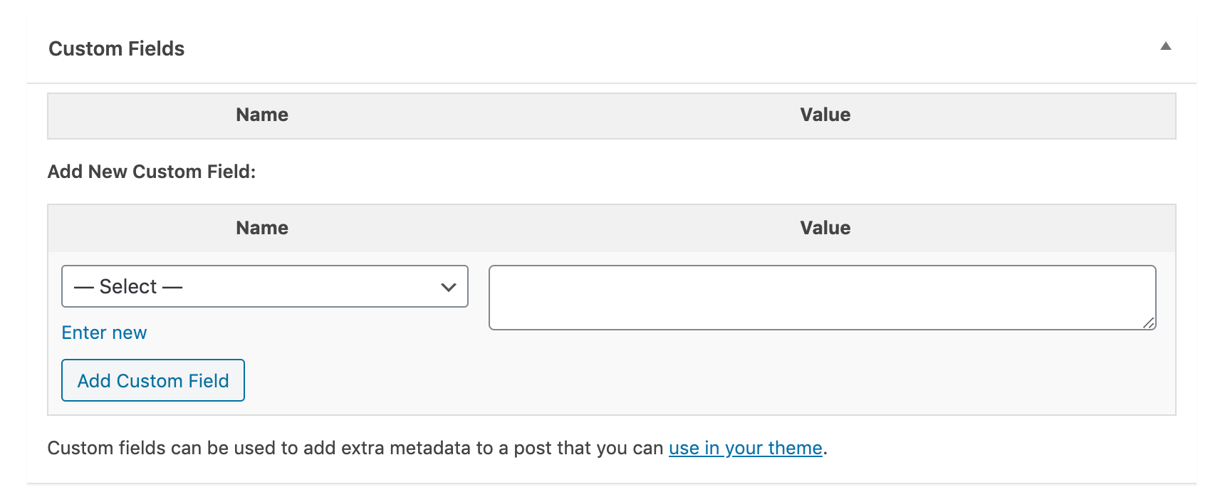 An empty custom fields section in the Block Editor.