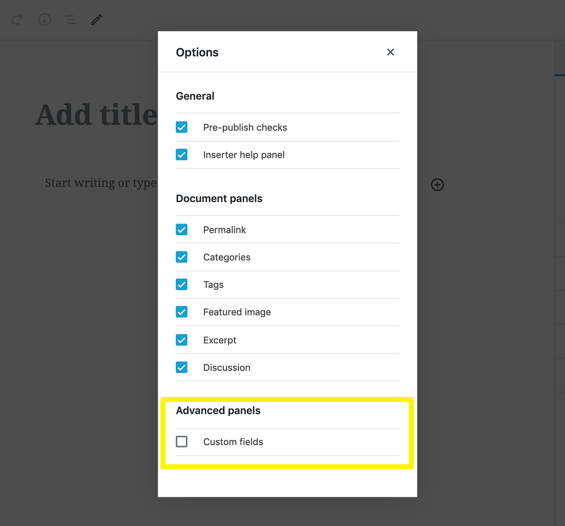 Enabling custom fields in the Block Editor.