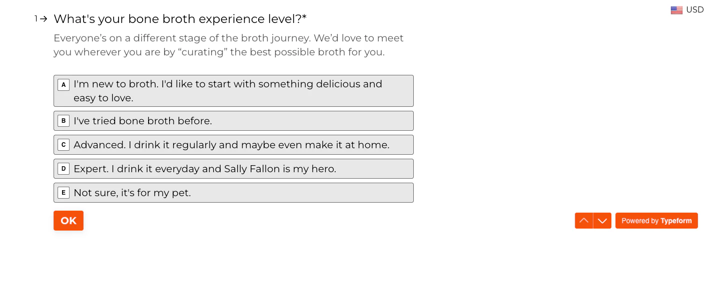 Bone broth quiz asking about user experience level with five multiple-choice options.