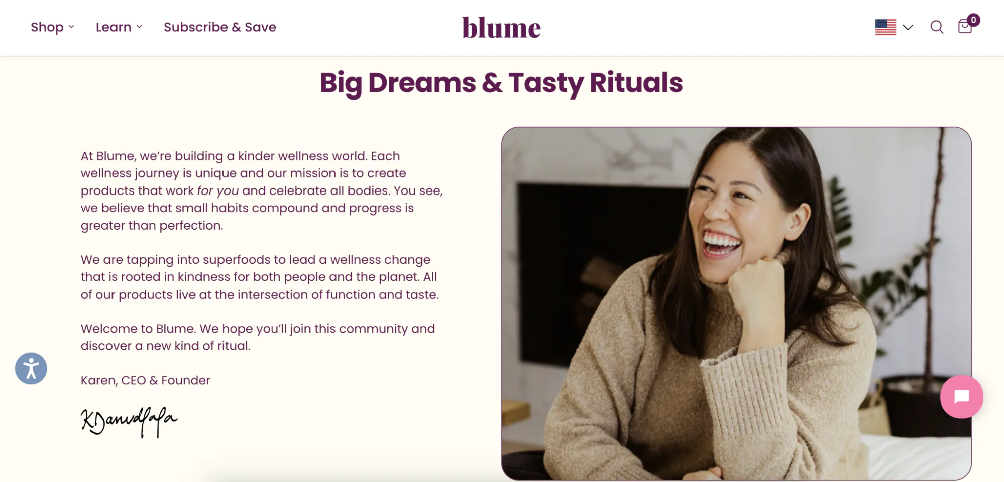 Blume about us page reads big dreams and tasty rituals