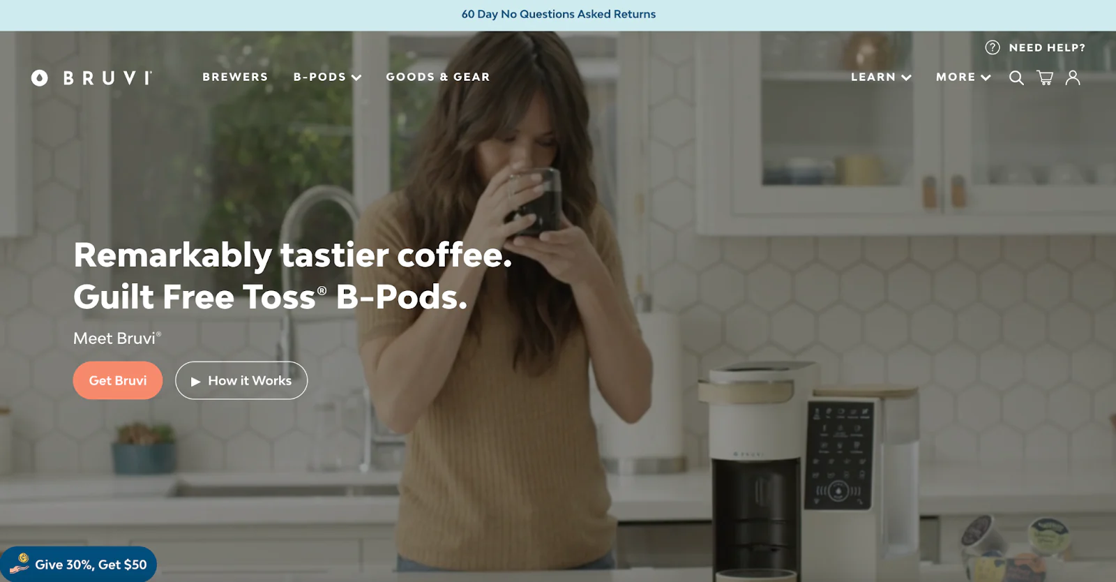 Bruvi homepage featuring a looping video background of the brewer, pods, and a satisfied coffee sipper.