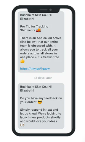 Text messages from Bushbalm Skin Co. sharing shipment and feedback info.