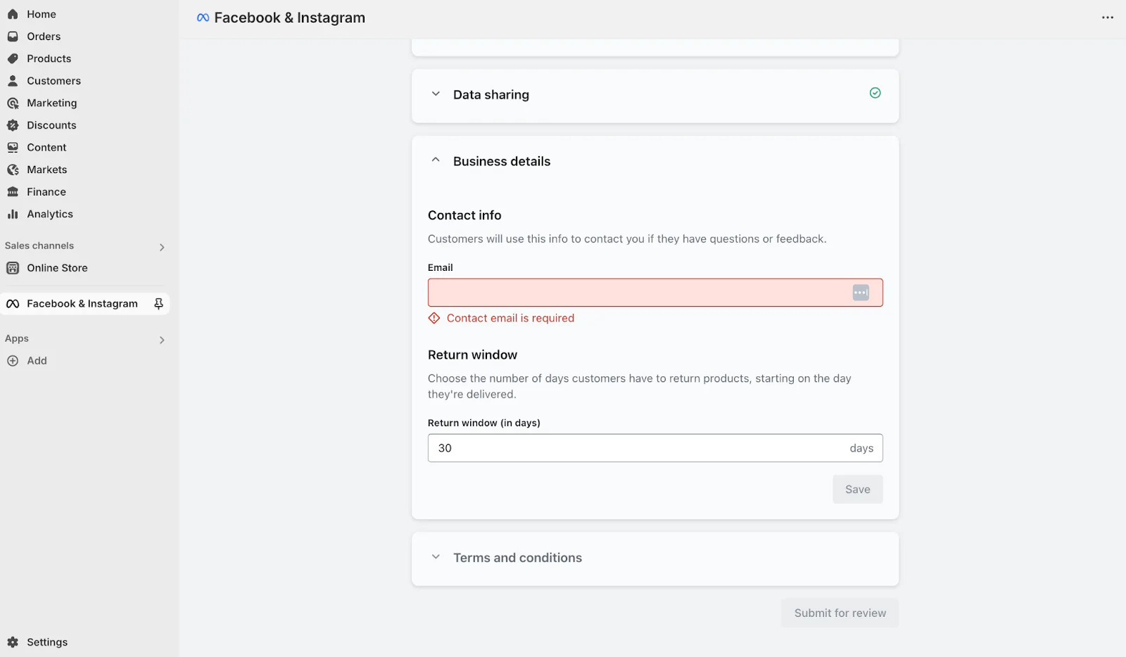 Screenshot of Facebook Shop business details page in Shopify admin.
