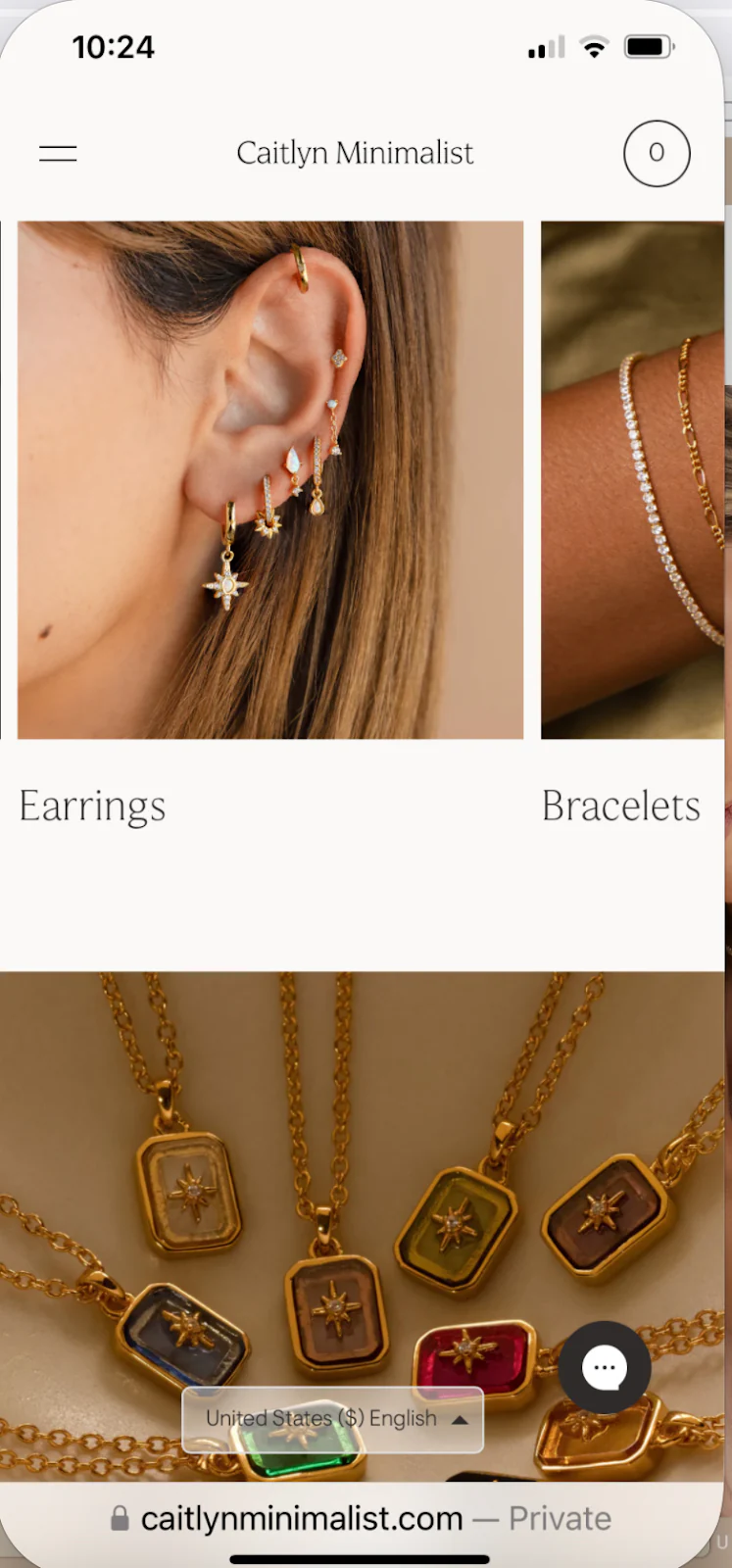 Caitlyn Minimalist page featuring earrings and bracelets product sections.