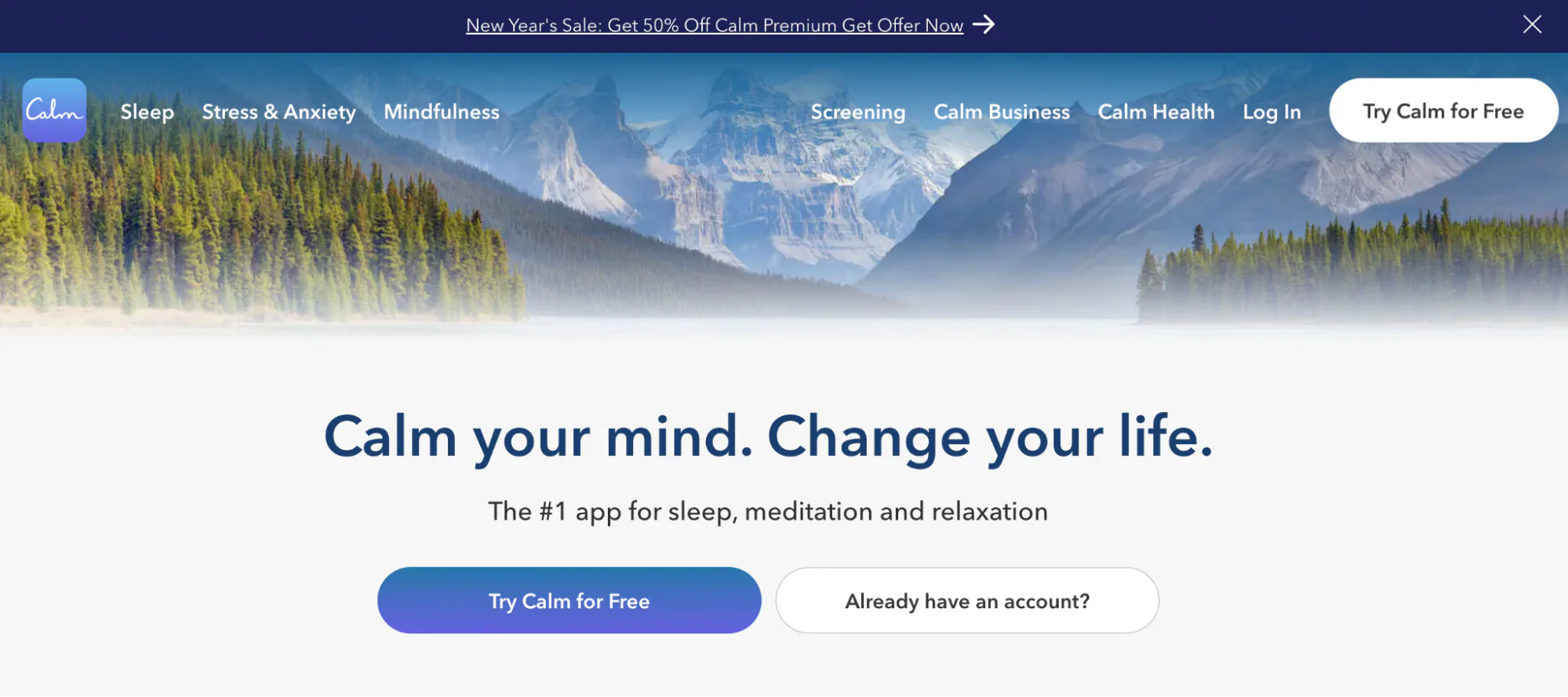 Calm’s website features a photograph of a mountain range and relaxing blue colors.
