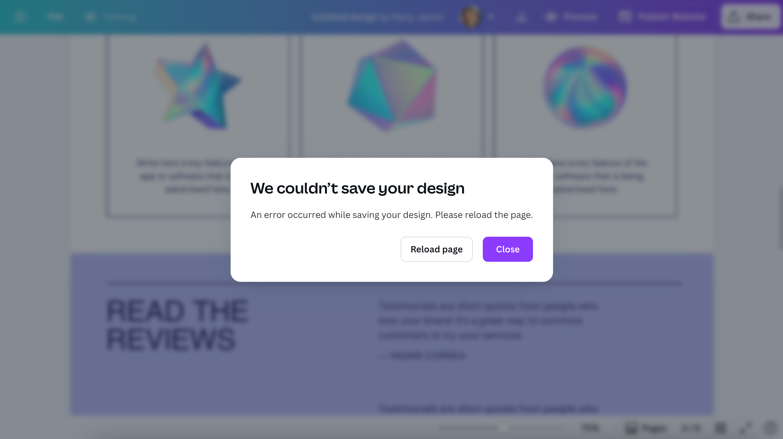 Canva Website Builder template error for All About Cookies test website