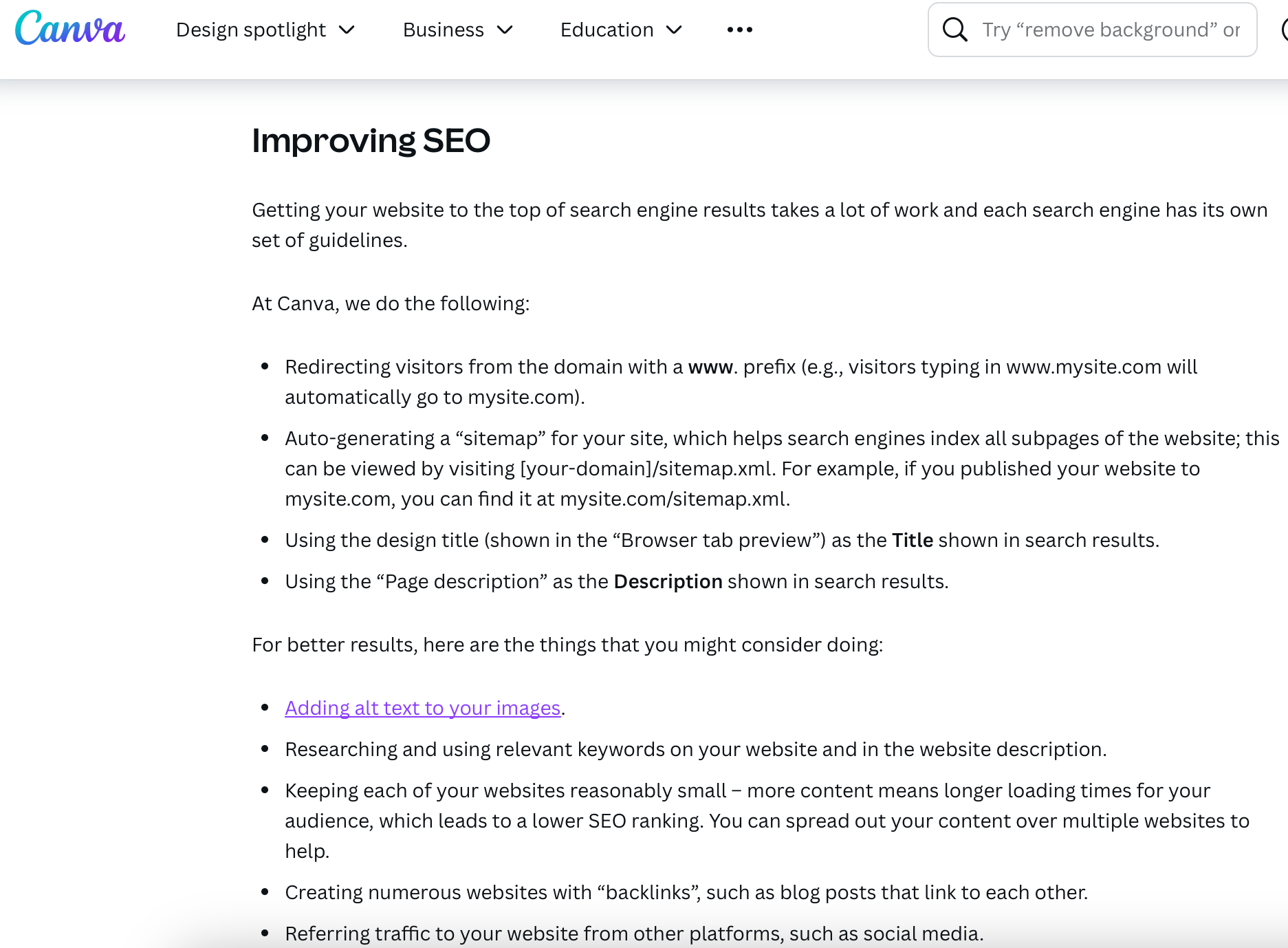 Generic SEO tips from Canva Website Builder