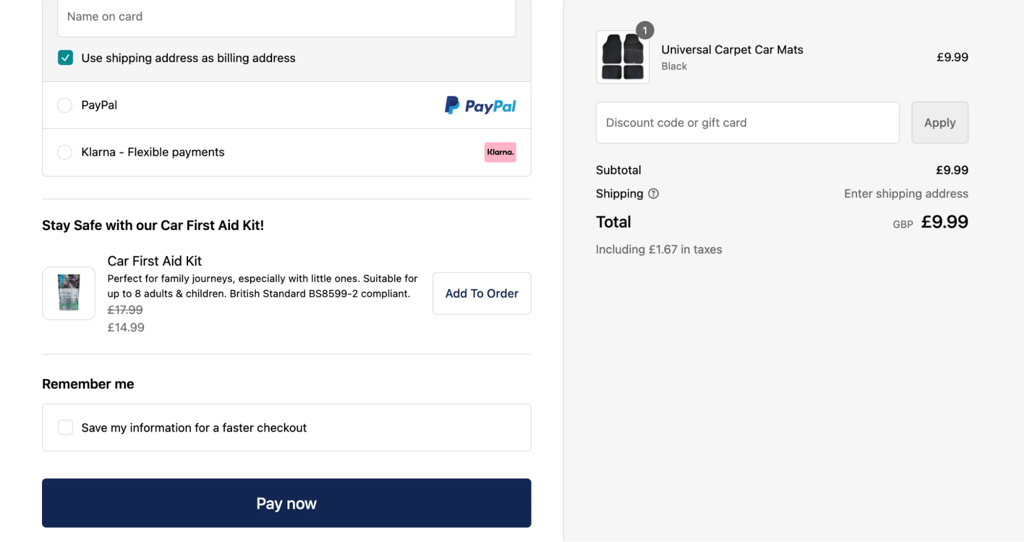 Car Mats cross-sells a car first aid kit at checkout.