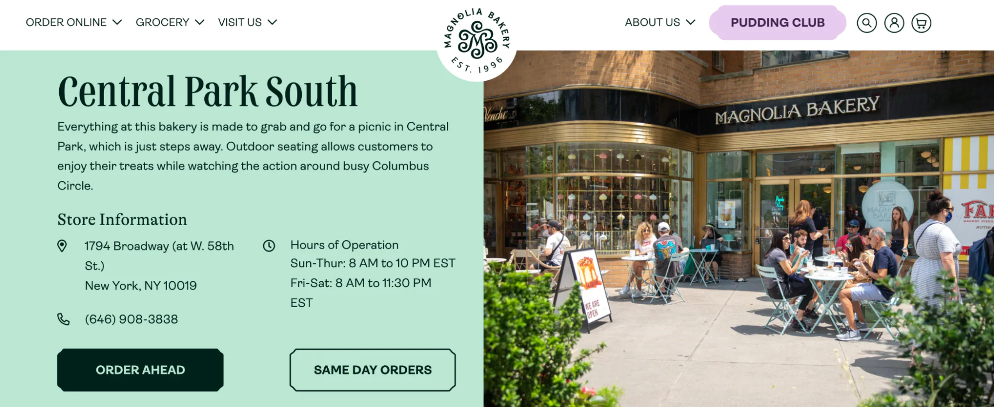 Store info next to the Magnolia Bakery storefront with people dining outside in Central Park South.