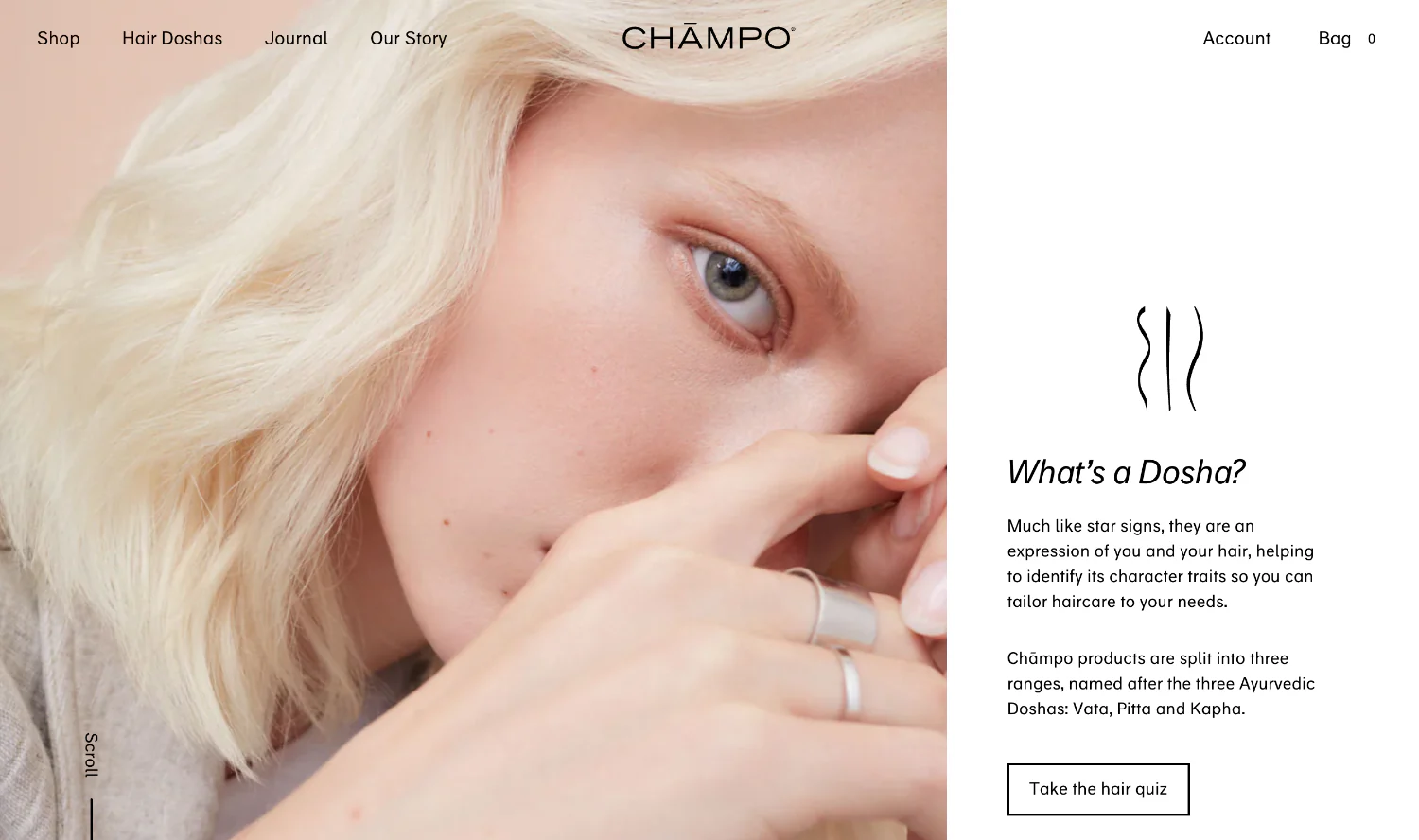 Chāmpo haircare homepage with a close-up of a model with platinum blonde hair and soft branding.