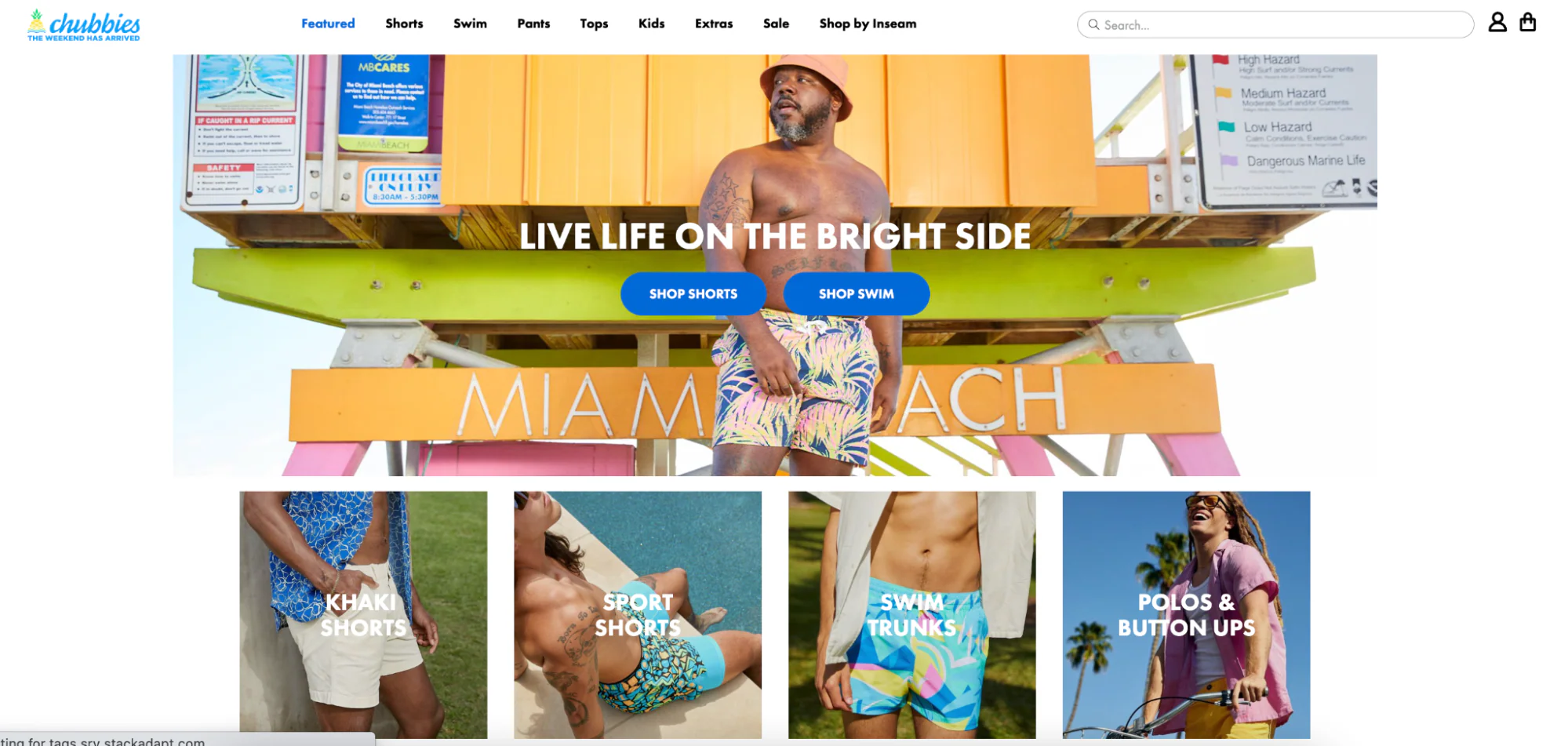 Homepage for Chubbies’ website with four image categories: khaki shorts, sport shorts, swim trunks, and polos and button ups.