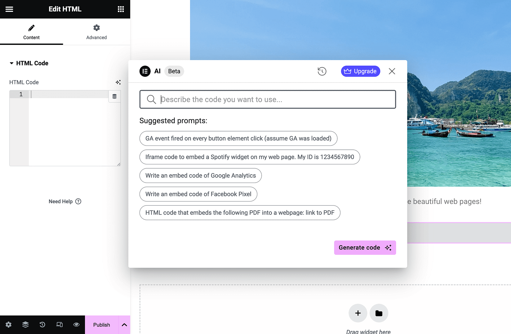 Generating code using Elementor AI.