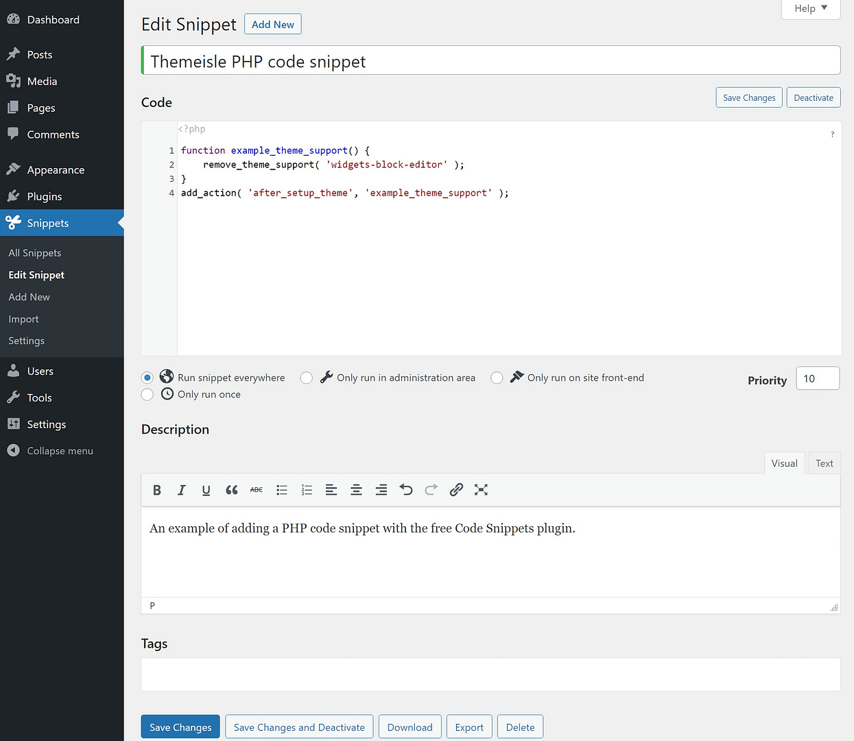 Adding PHP with the free Code Snippets plugin