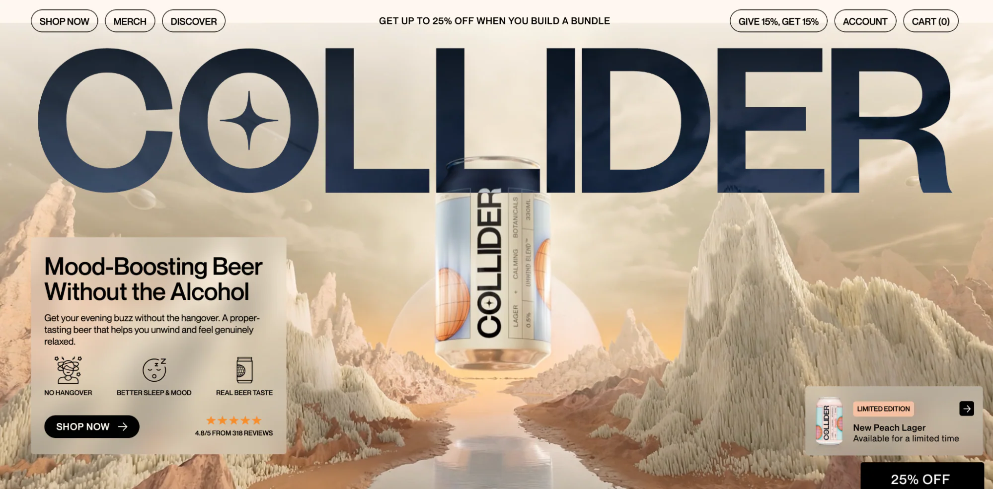 Collider’s homepage shows its product against a surreal backdrop of white mountains.
