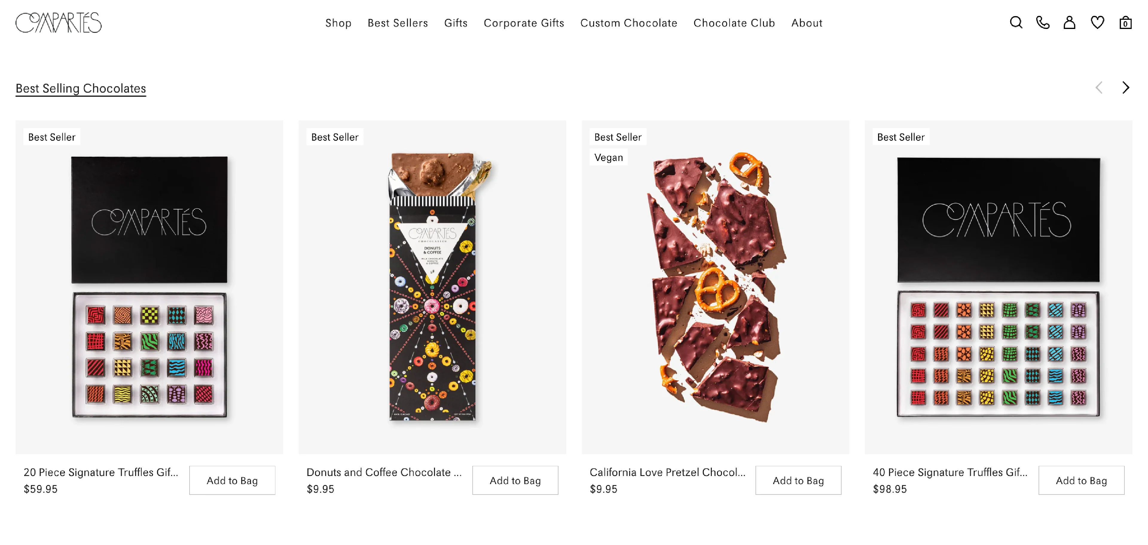 On the Compartes website, users can hover over an image of a chocolate bar in its wrapper to see the bar and its ingredients.